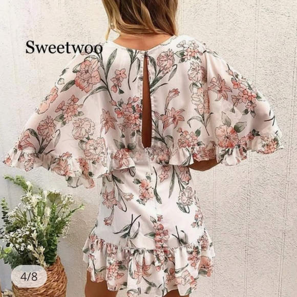 Women's Floral Print Ruffles Mini Dress V Neck Batwing Short Sleeve. # 91 - Picture 2 of 14